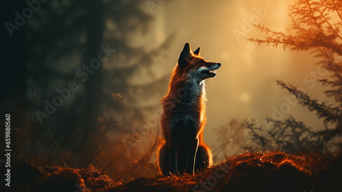 fox silhouette in misty autumn forest landscape wildlife view © kichigin19