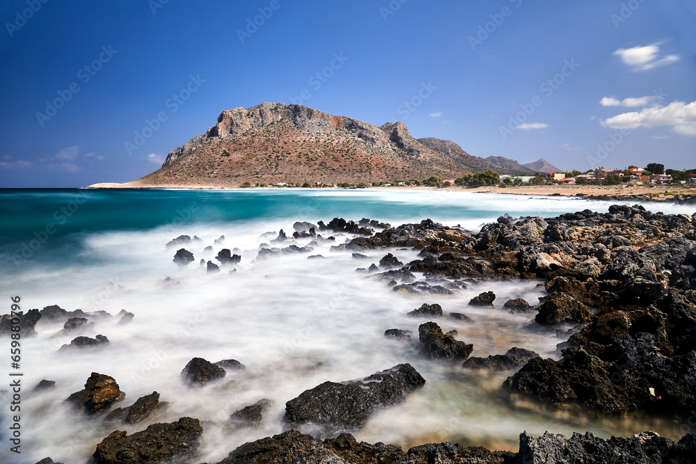 Sea, beach and mountains in the town of Stavros on the island of Crete