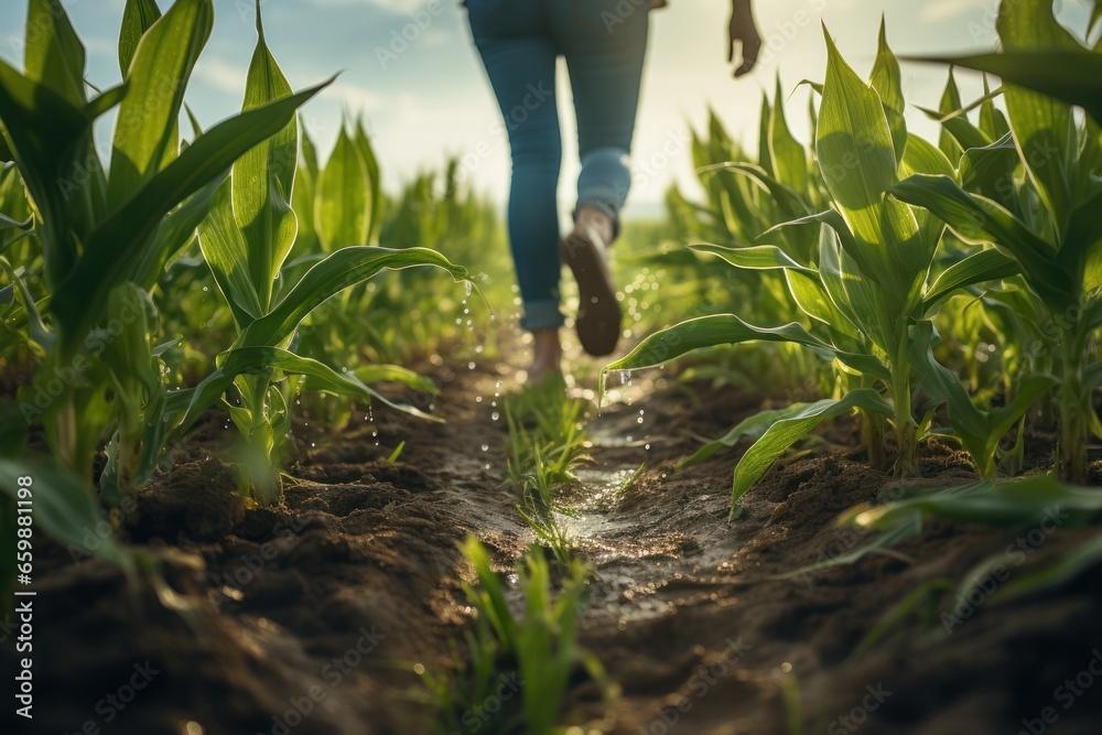Agriculture. female farmer wearing rubber boots. Working along the sunshine near the green corn fields. AI generative Agriculture. female farmer wearing rubber boots. Working along the sunshine near the green corn fields. AI generative