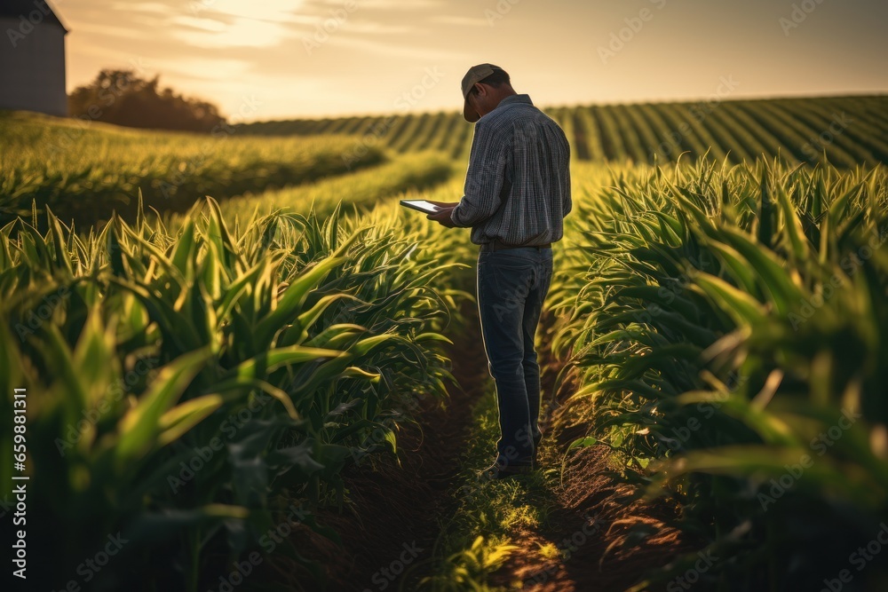 Agriculture. Male farmer wearing rubber boots. holding a tablet Working along the sunshine near the green corn fields. AI generative Agriculture. Male farmer wearing rubber boots. holding a tablet Working along the sunshine near the green corn fields. AI generative