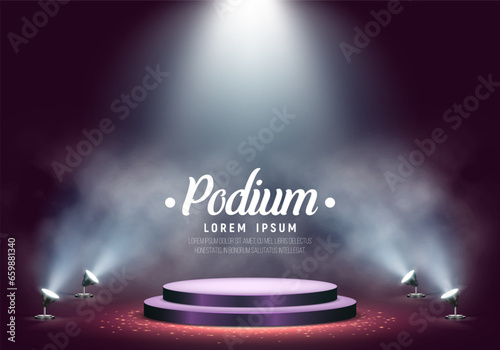 Podium illuminated by spotlights. Empty pedestal for award ceremony or presentation. Vector illustration.