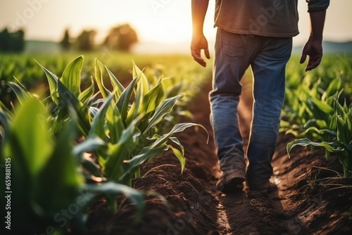 Agriculture. Male farmer wearing rubber boots. Working along the sunshine near the green corn fields. AI generative photo