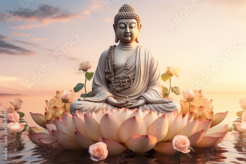 Buddha statue  sitting meditation on a royal lotus flower. AI generative