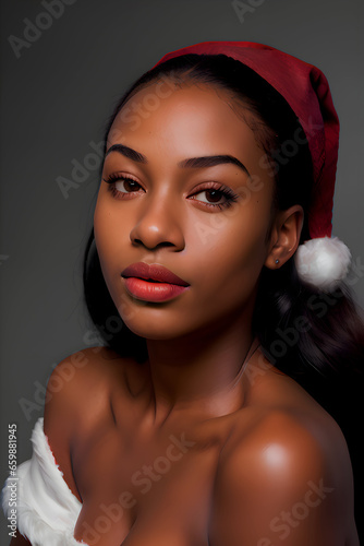 Portrait of beautiful african american woman in santa hat.generado con ia