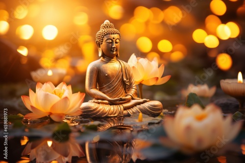Buddha statue  sitting meditation on a royal lotus flower. AI generative