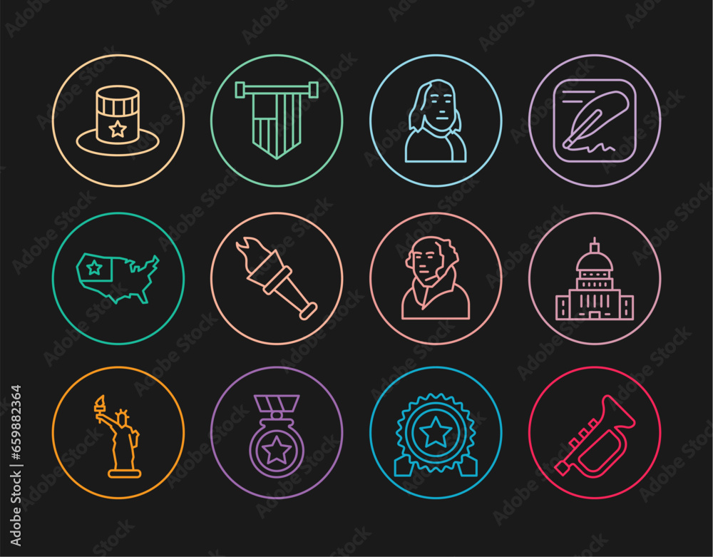 Set line Trumpet, White House, Benjamin Franklin, Torch flame, USA map, Patriotic American top hat, George Washington and flag icon. Vector Set line Trumpet, White House, Benjamin Franklin, Torch flame, USA map, Patriotic American top hat, George Washington and flag icon. Vector