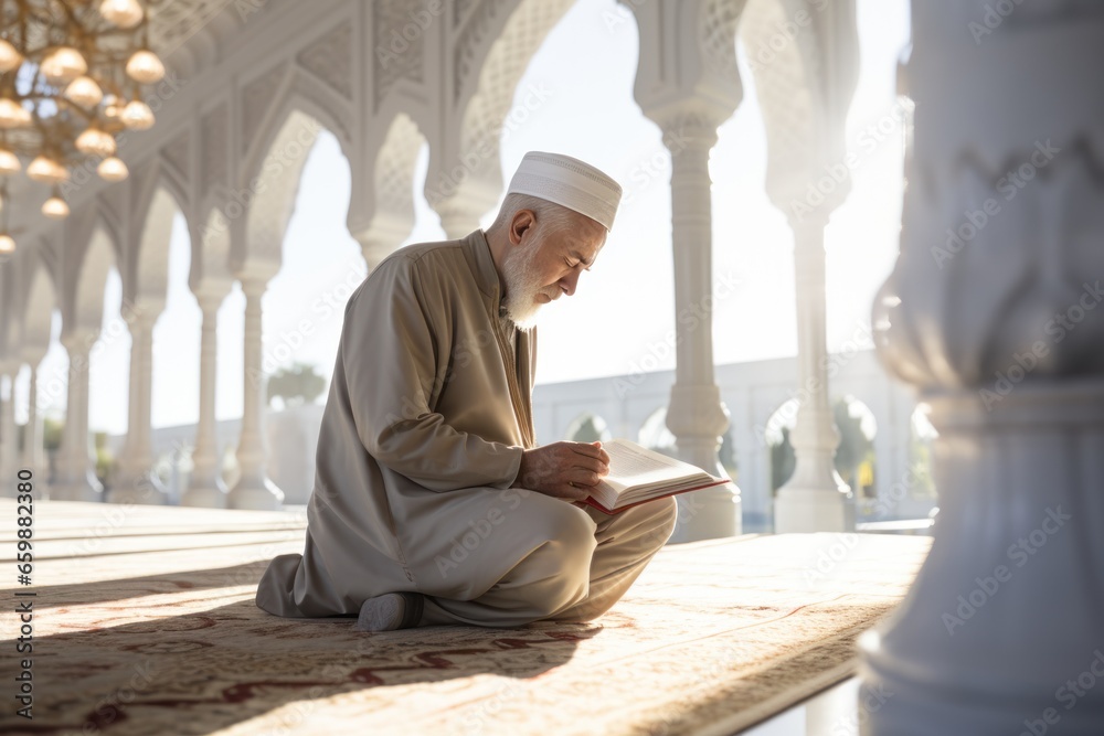 A Muslim man Reading the Gur'an at the Old Mosque. AI generative A Muslim man Reading the Gur'an at the Old Mosque. AI generative