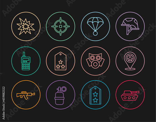 Set line Military tank, Location peace, Parachute, rank, Walkie talkie, Bomb explosion, Gas mask and Target sport icon. Vector