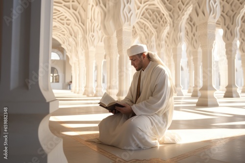 A Muslim man Reading the Gur'an at the Old Mosque. AI generative