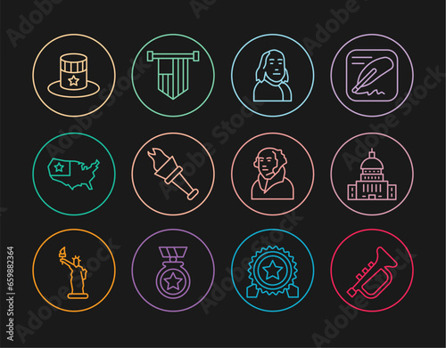Set line Trumpet, White House, Benjamin Franklin, Torch flame, USA map, Patriotic American top hat, George Washington and flag icon. Vector