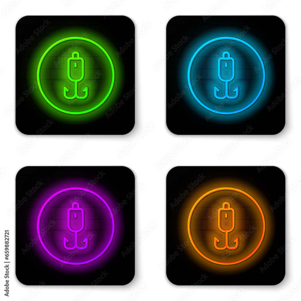 Glowing neon line Fishing hook icon isolated on white background. Fishing tackle. Black square button. Vector Glowing neon line Fishing hook icon isolated on white background. Fishing tackle. Black square button. Vector