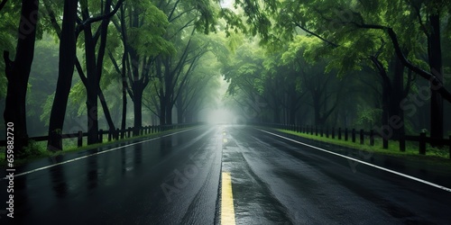 AI Generated. AI Generative. Outdoor nature landsacpe forest tree road highway path landscape background. Graphic Art