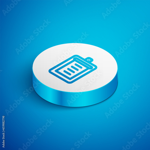Isometric line Clipboard with checklist icon isolated on blue background. Control list symbol. Survey poll or questionnaire feedback form. White circle button. Vector