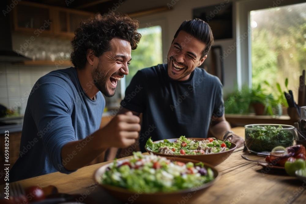 Two males of different ethnicities having fun while making salad together in the kitchen. AI generative - obrazy, fototapety, plakaty 