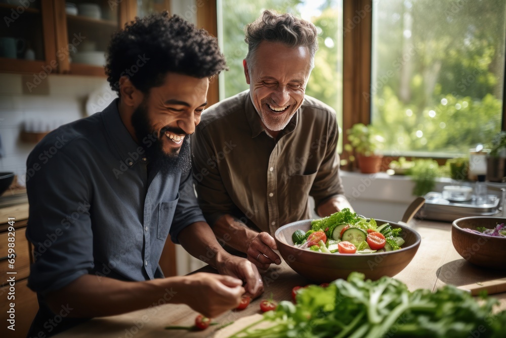 Two males of different ethnicities having fun while making salad together in the kitchen. AI generative