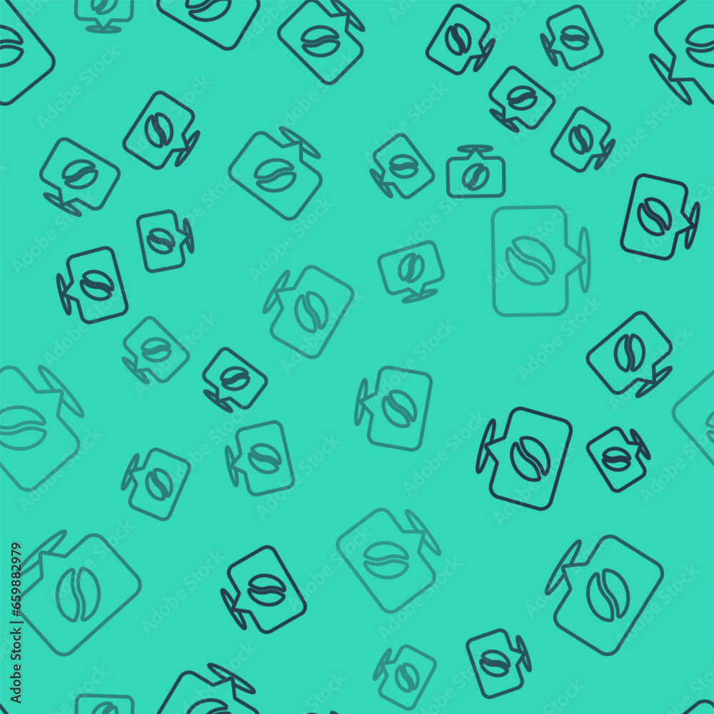 Black line Location with coffee bean icon isolated seamless pattern on green background. Vector Black line Location with coffee bean icon isolated seamless pattern on green background. Vector