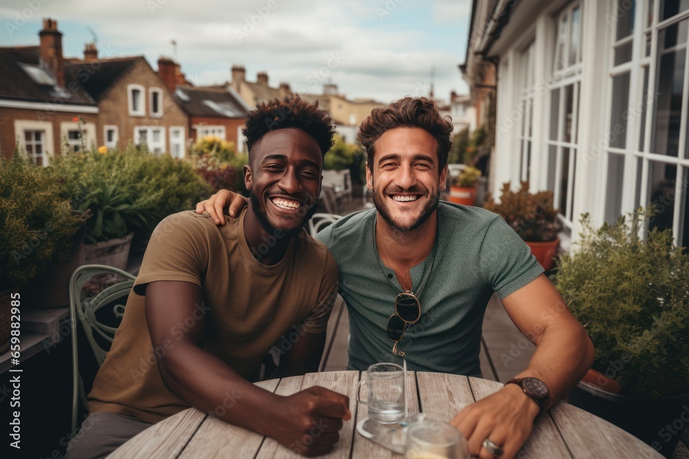 Two multiracial male friends having a close conversation, sitting by a dinner table on a beautiful house terrace. AI generative