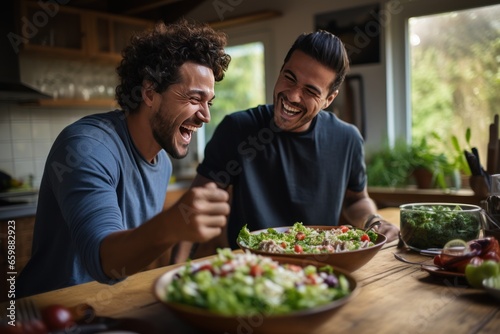 Two males of different ethnicities having fun while making salad together in the kitchen. AI generative photo