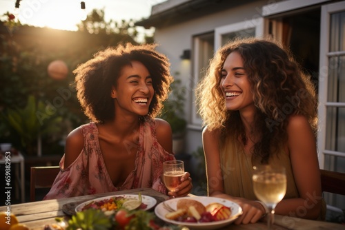 Two multiracial female friends having a close conversation, sitting by a dinner table on a beautiful house terrace. AI generative