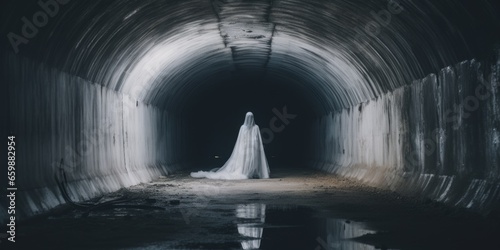 A ghostly figure standing in a dark tunnel, AI