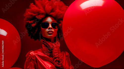 Striking Black Woman Draped in red Fabric Holding a Red Balloon Embodies Culture Beauty and Celebration Wallpaper Digital Art Background Journal Brainstorming