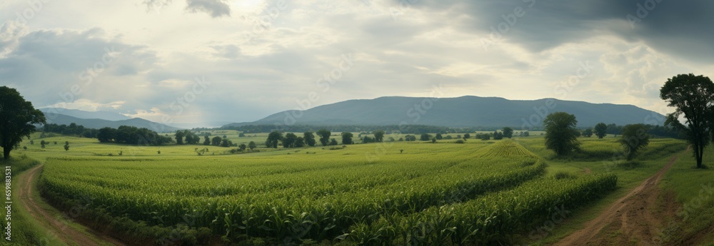 A breathtaking rainy season vista with lush corn fields stretching endlessly