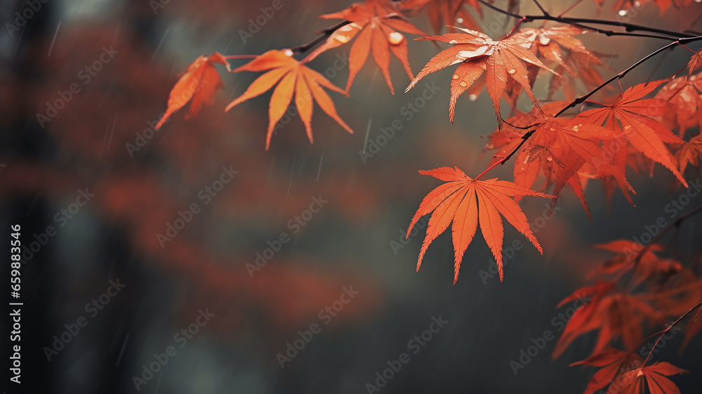 red japanese maple autumn rainy weather on gray blurred background red japanese maple autumn rainy weather on gray blurred background