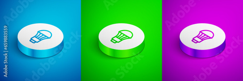 Isometric line LED light bulb icon isolated on blue, green and purple background. Economical LED illuminated lightbulb. Save energy lamp. White circle button. Vector