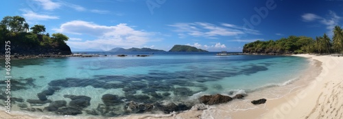 A captivating high resolution beach panorama from the idyllic paradise islands