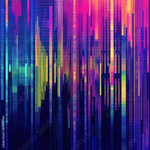 Abstract background with interlaced digital glitch and distortion effect. Futuristic neon cyberpunk design. Retro futurism, webpunk, rave 80s 90s cyberpunk aesthetic techno neon colors © Happy Lab