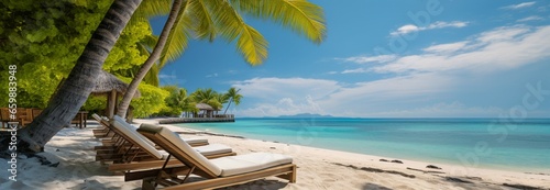 A tropical paradise: Beach, lounge chairs, palm trees, and calm azure sea © Muhammad Shoaib