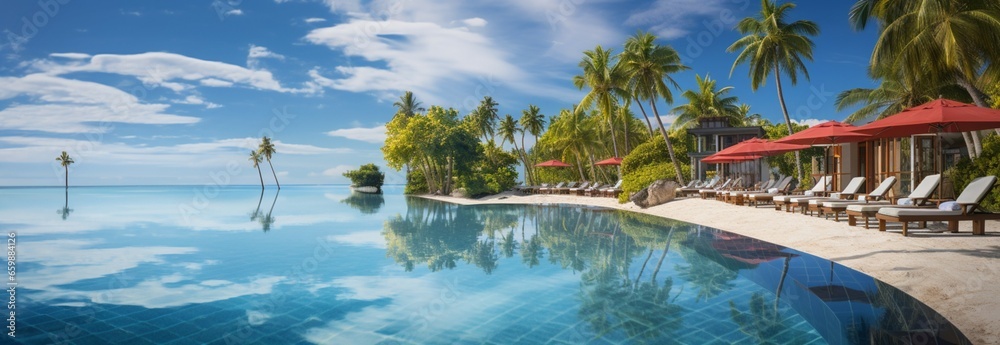 Beachfront luxury: panoramic view of a holiday resort, pool, and sunny island