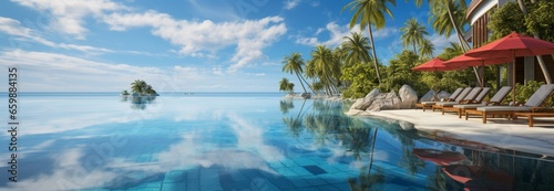 Beachfront luxury: panoramic view of a holiday resort, pool, and sunny island © Muhammad Shoaib