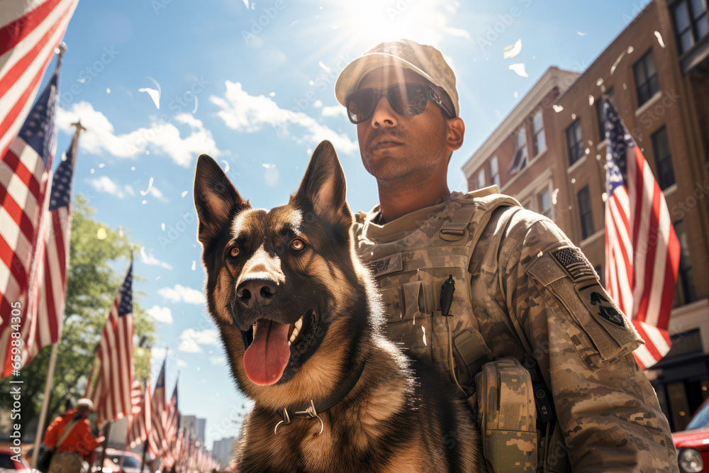 A male soldier in a military uniform stands with a guard, a working dog outdoors on a sunny day, with American flags in the background on the city street, decorated in honor of Remembrance Day - obrazy, fototapety, plakaty 
