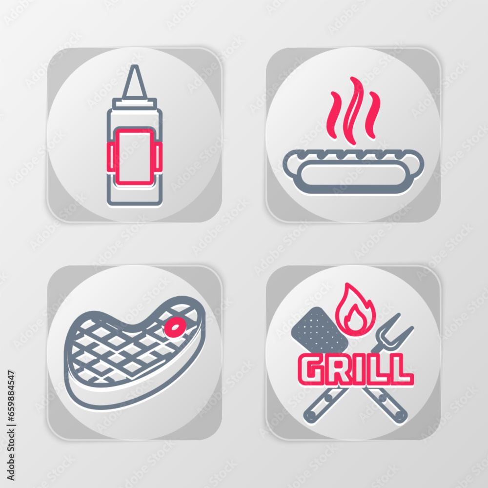 Set line Crossed fork and spatula, Steak meat, Hotdog sandwich and Mustard bottle icon. Vector