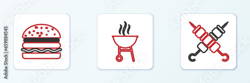 Set line Grilled shish kebab, Burger and Barbecue grill icon. Vector