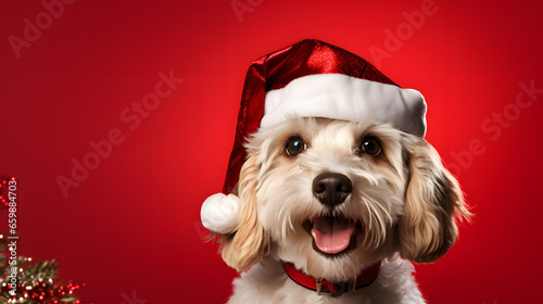 a brown and white dog wearing a christmas hat