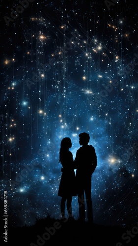 Silhouette of a loving couple against night sky background with stars