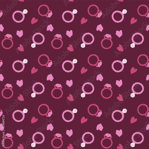 Seamless pattern with Diamond Rings and hearts. Decor for a wedding or Valentines Day. Festive pattern for fabric, wrapping paper, clothing. Vector illustration.