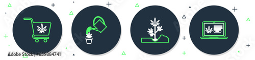 Set line Watering can marijuana, Planting, Shopping cart with and Online buying icon. Vector