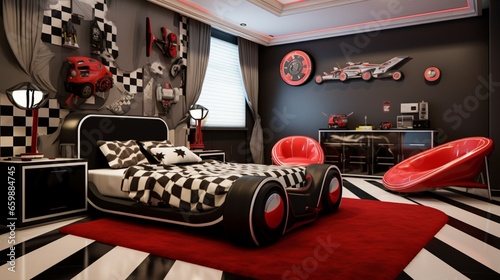 a race car driver-themed bedroom with race cars, checkered flags, and a racetrack rug