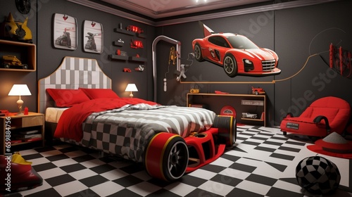 a race car pit stop-themed bedroom with race cars, pit crew gear, and a checkered flag