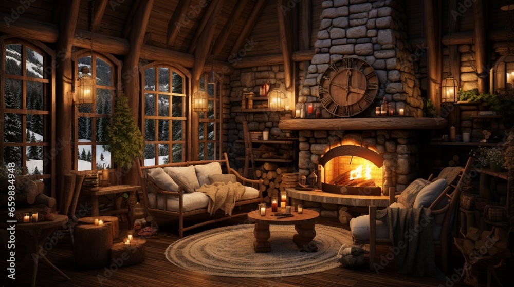 a rustic cabin-inspired room with wooden furniture and a cozy fireplace
