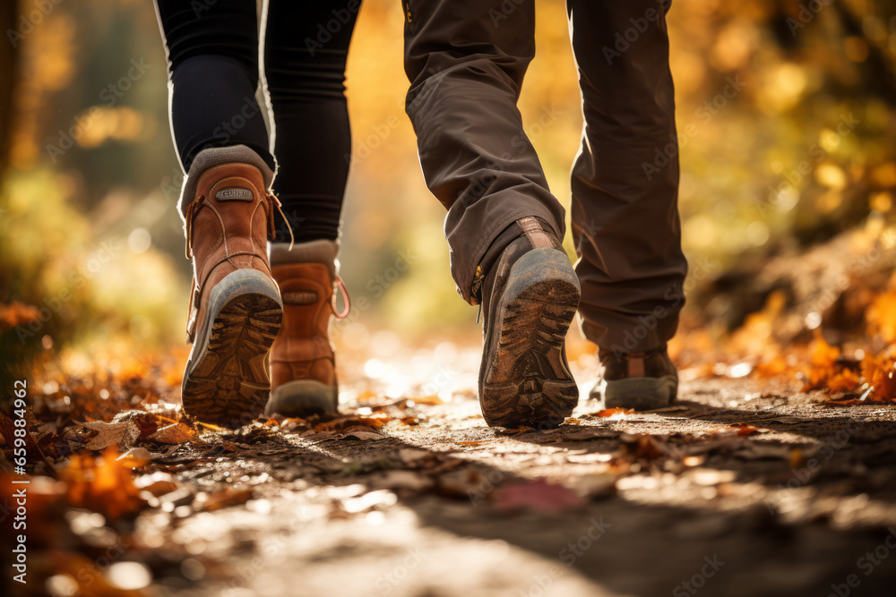 Group of tourists walks along the path of the autumn forest. Feet close-up. Traveling in a small group. Group of tourists walks along the path of the autumn forest. Feet close-up. Traveling in a small group.