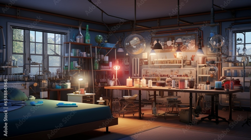 a science laboratory-themed bedroom with beakers, test tubes, and lab equipment