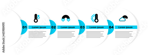 Set line Rainbow with cloud, Thermometer sun, heart and Meteorology thermometer icon. Vector