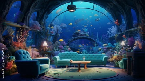 a room inspired by undersea adventures with ocean-blue walls and seashell decor