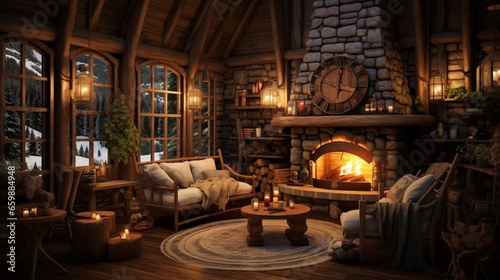 a rustic cabin-inspired room with wooden furniture and a cozy fireplace