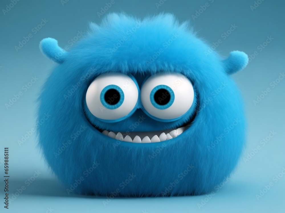 Cute blue monster 3D cartoon character. Generative Ai.