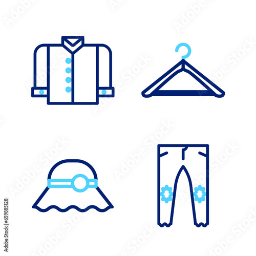 Set line Pants, Elegant women hat, Hanger wardrobe and T-shirt icon. Vector